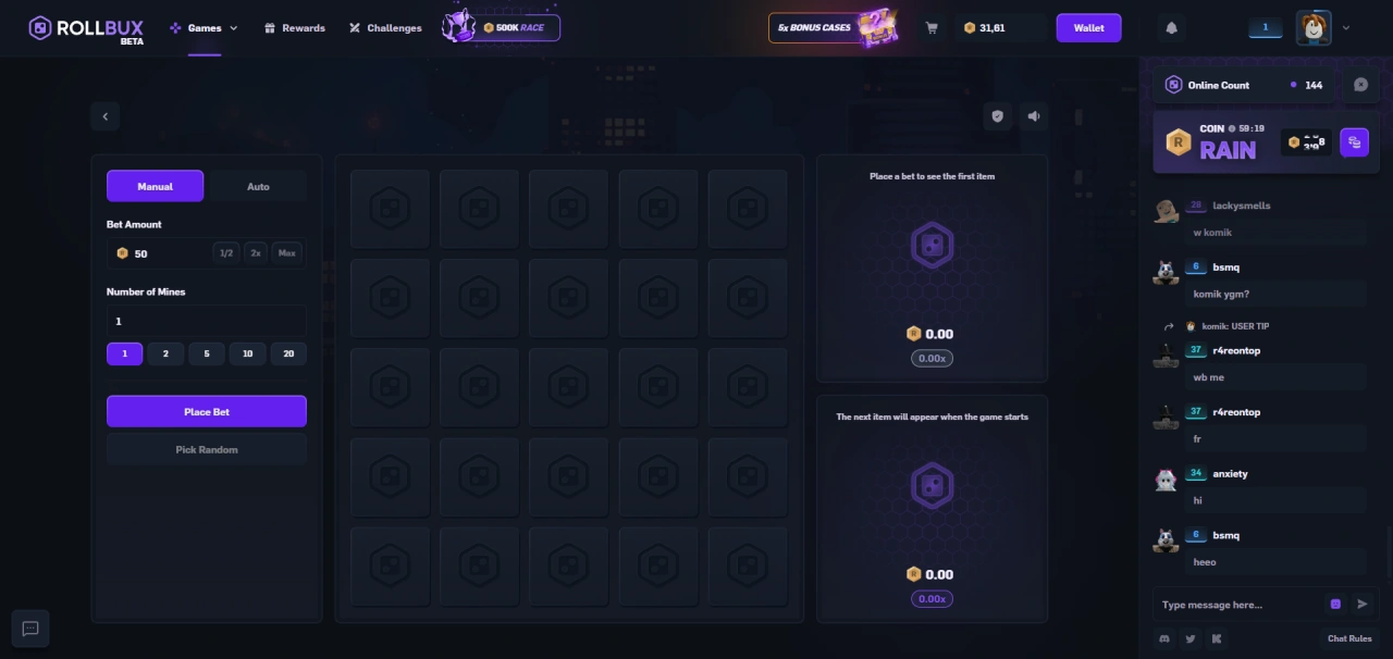 RollBux Mines game