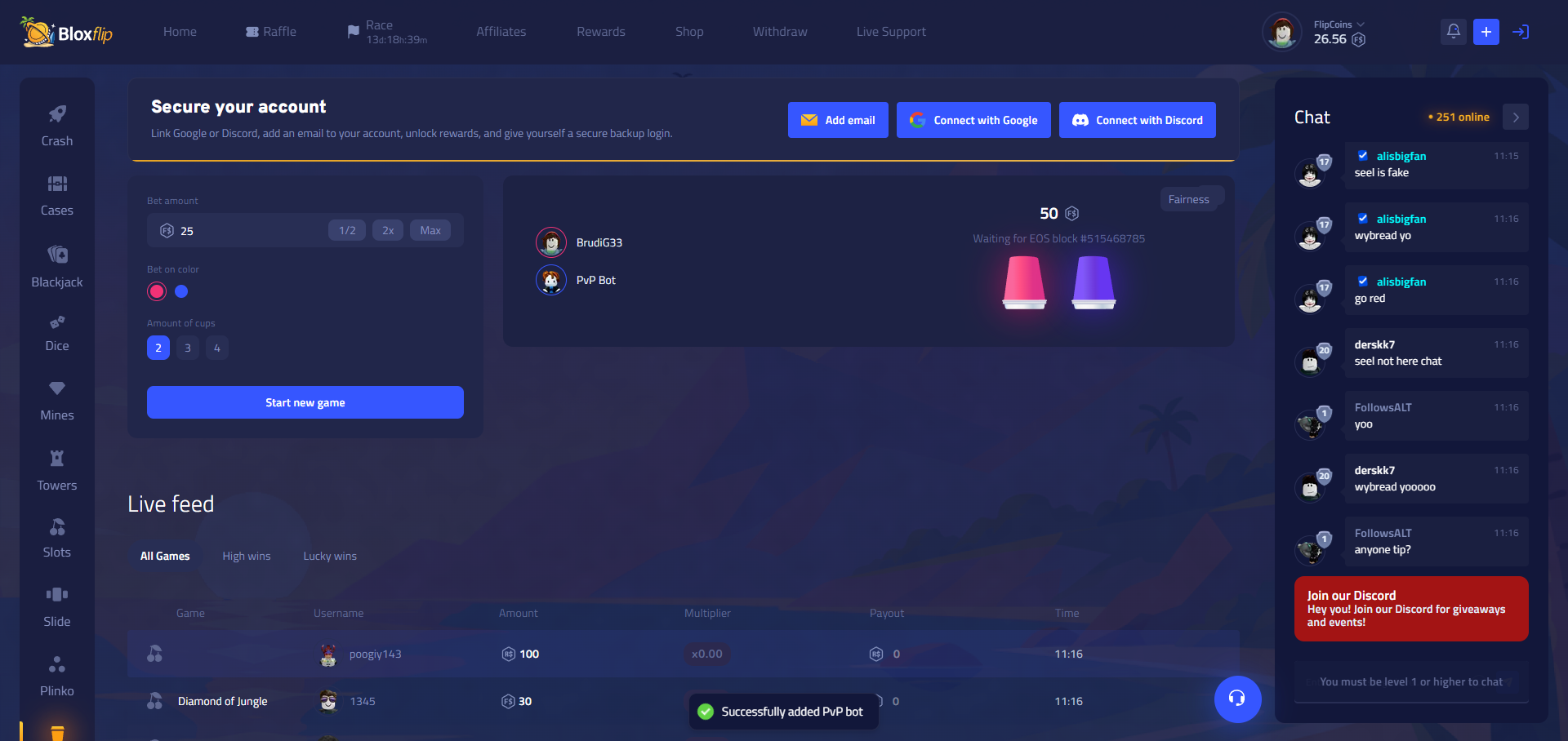 Bloxflip Cups game interface