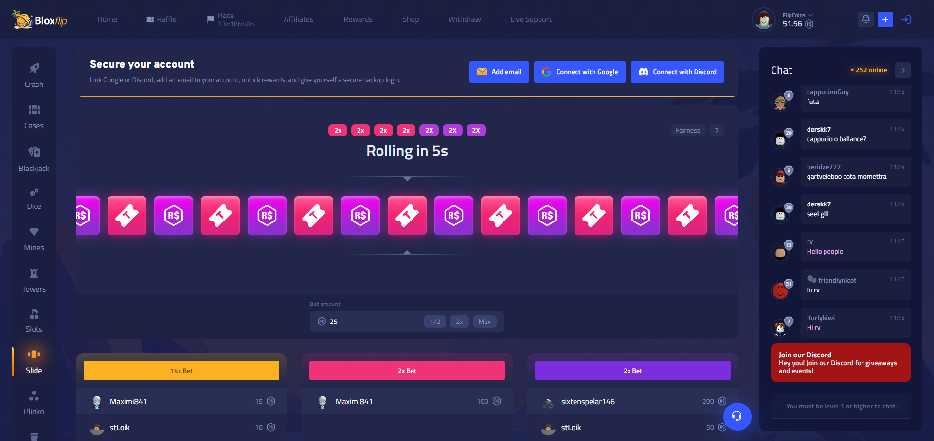 Bloxflip roulette game called Slide