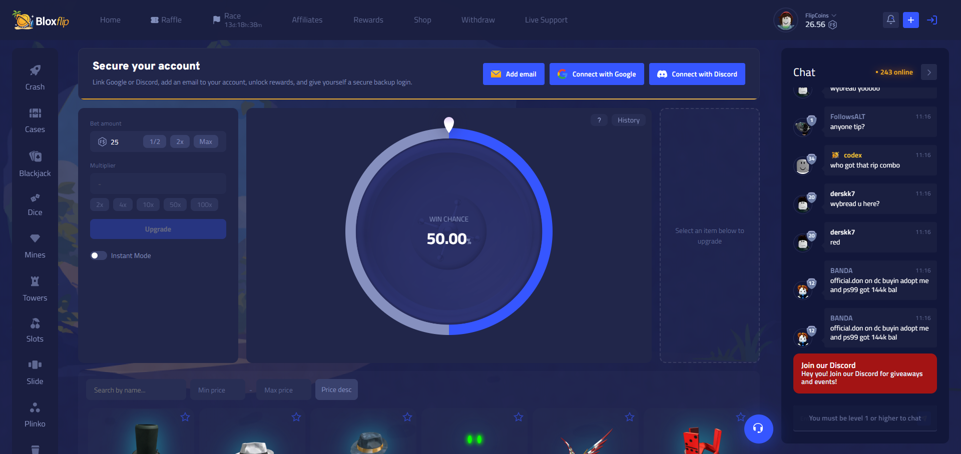 Bloxflip upgrader game screen