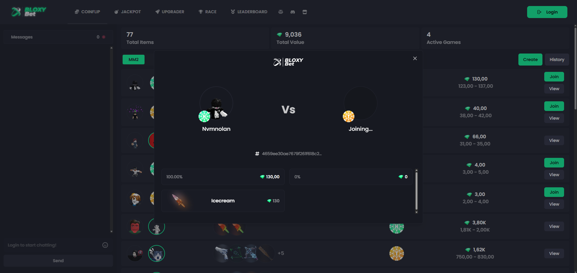 BloxyBet coinflip interface showing two opposing players, their items and displayed win chances