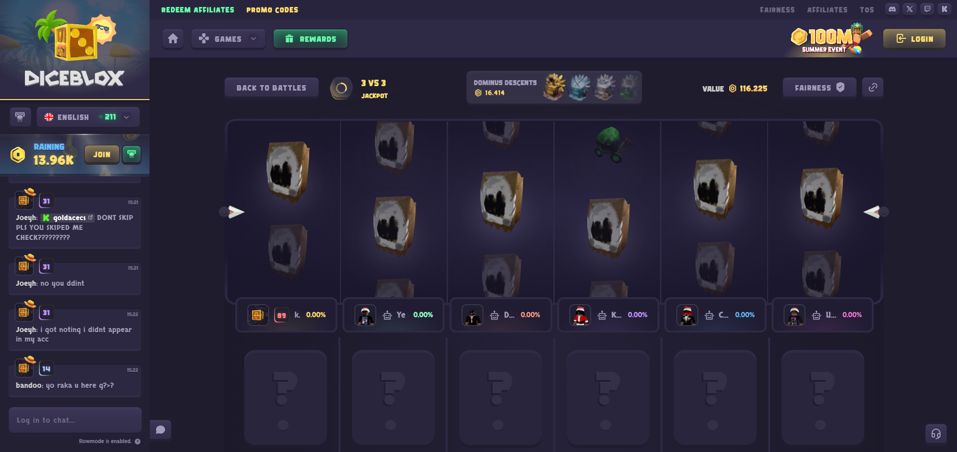 Diceblox case battle interface with multiple players