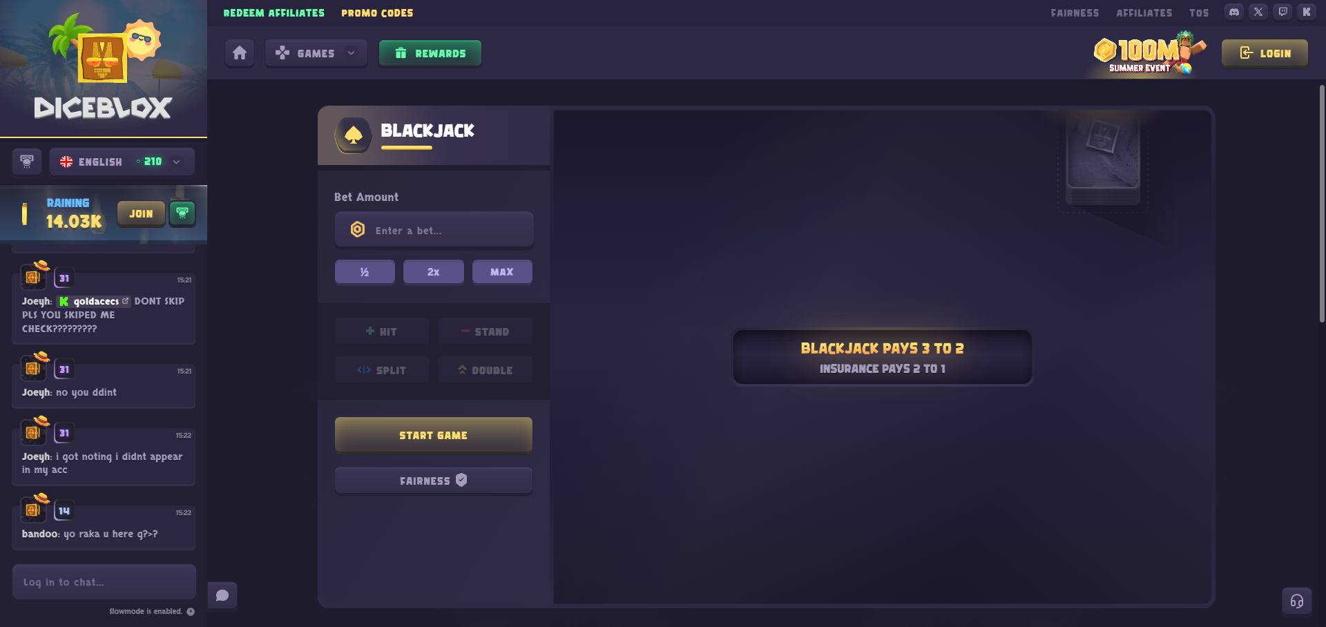 Diceblox blackjack table interface