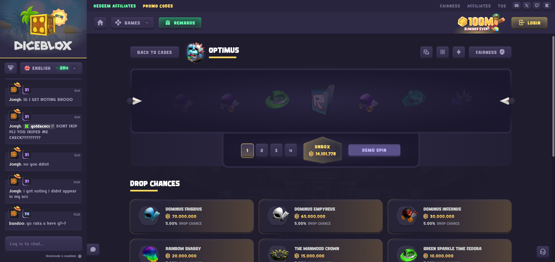 Diceblox case opening screen showing possible item rewards
