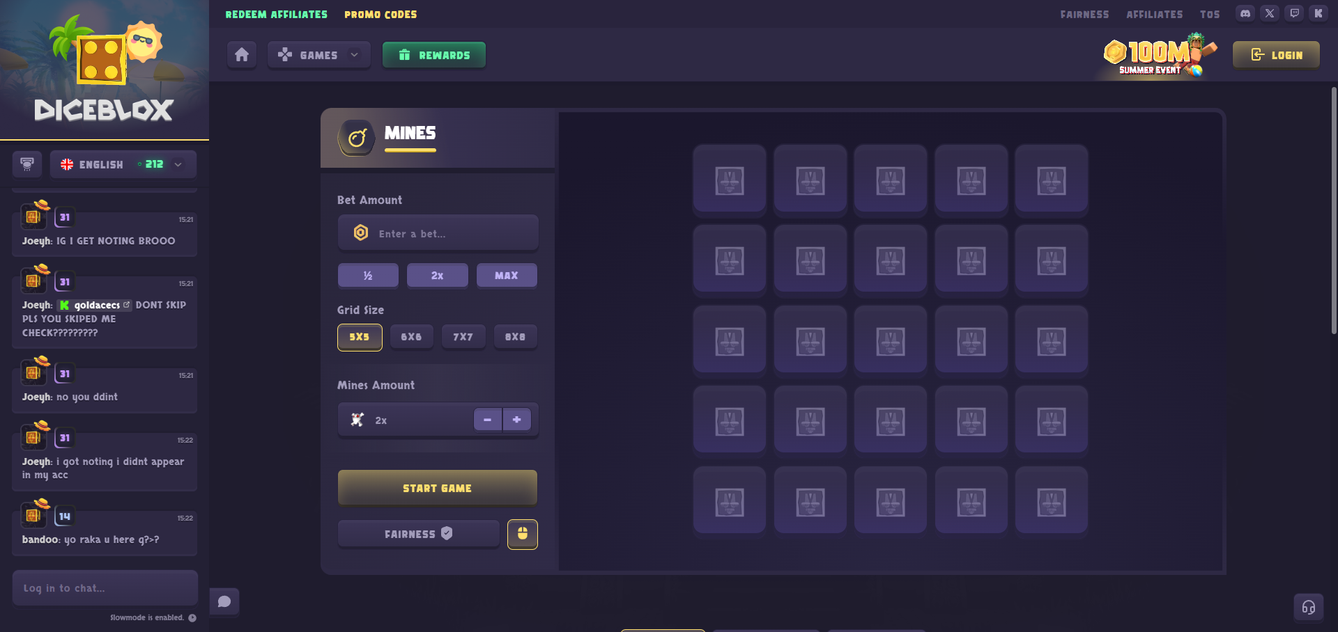 Diceblox mines game with configurable grid