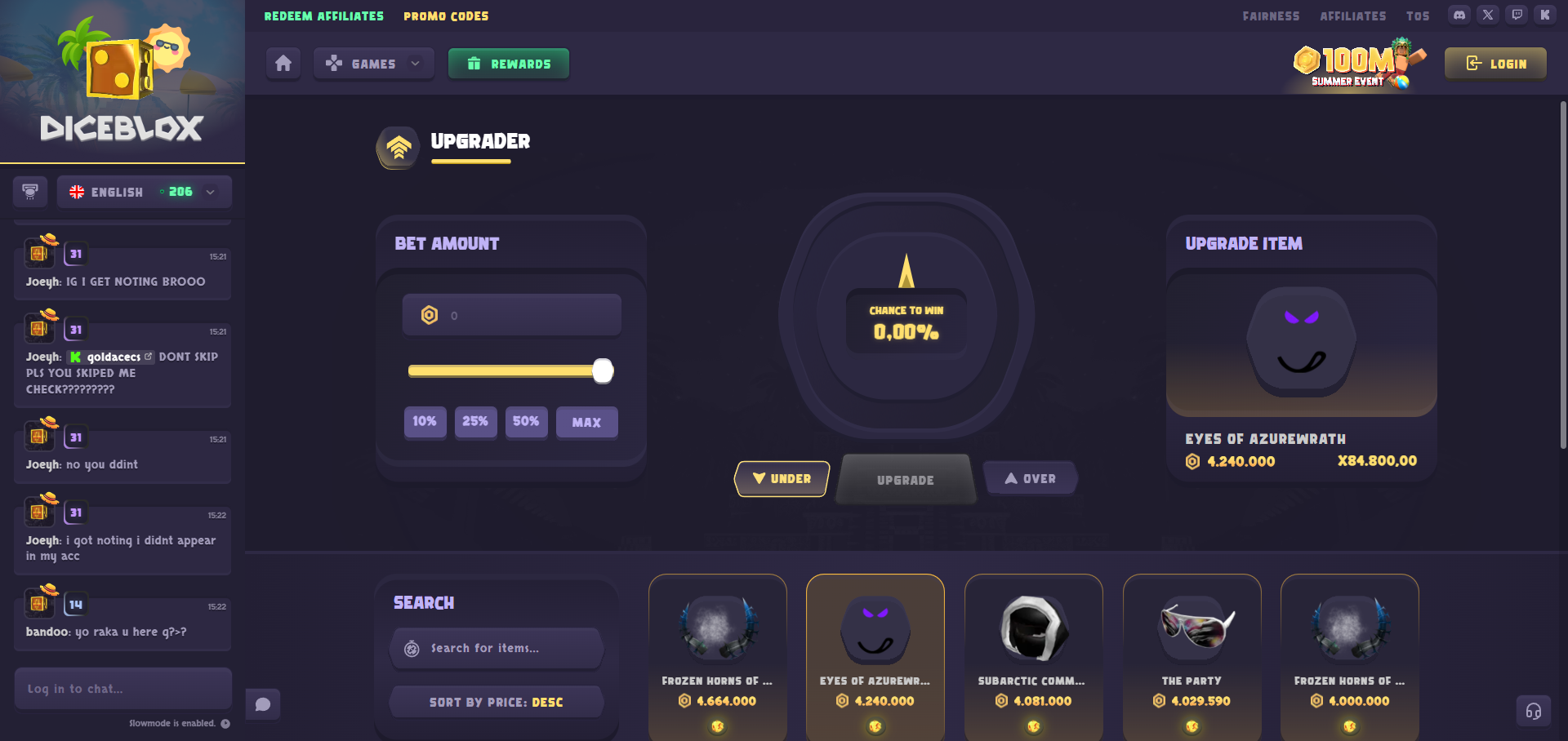 Diceblox item upgrader interface showing the stake, target item and chance to win