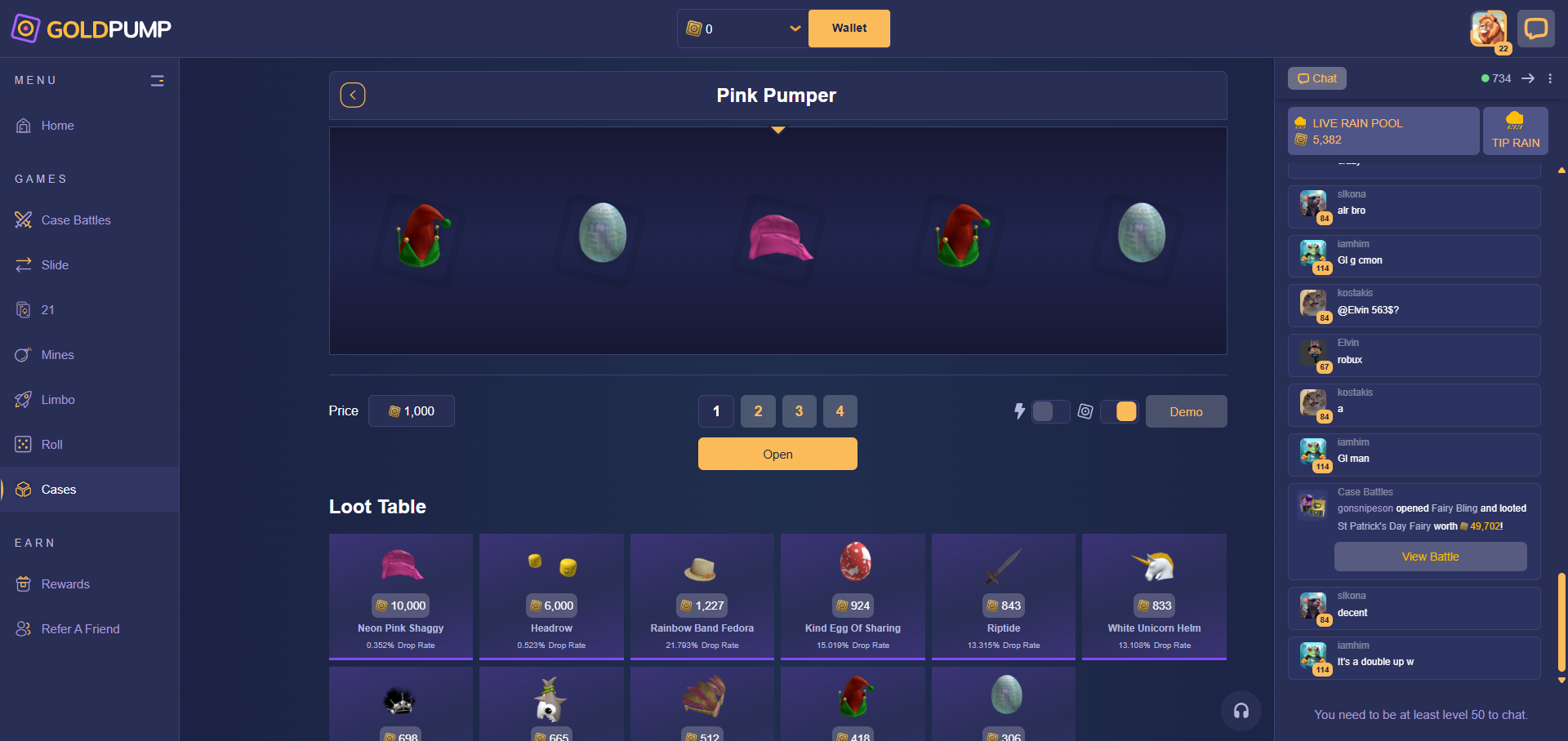 GoldPump case opening screen with possible rewards