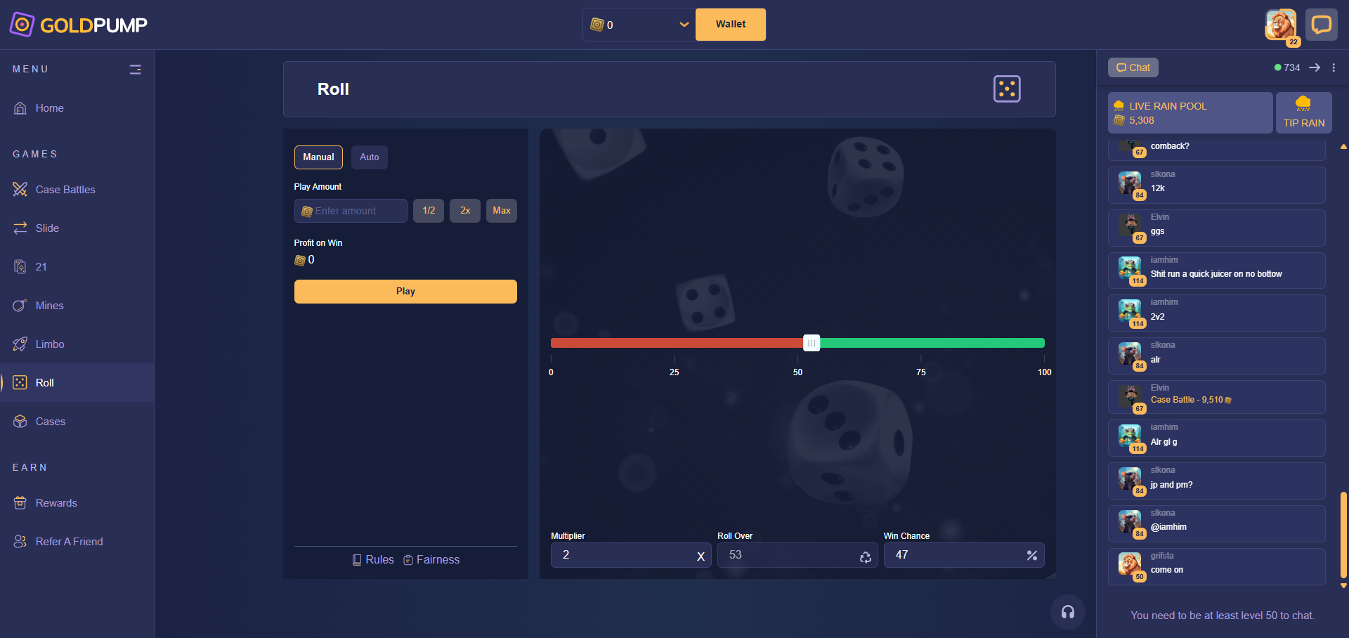 GoldPump dice game called Roll