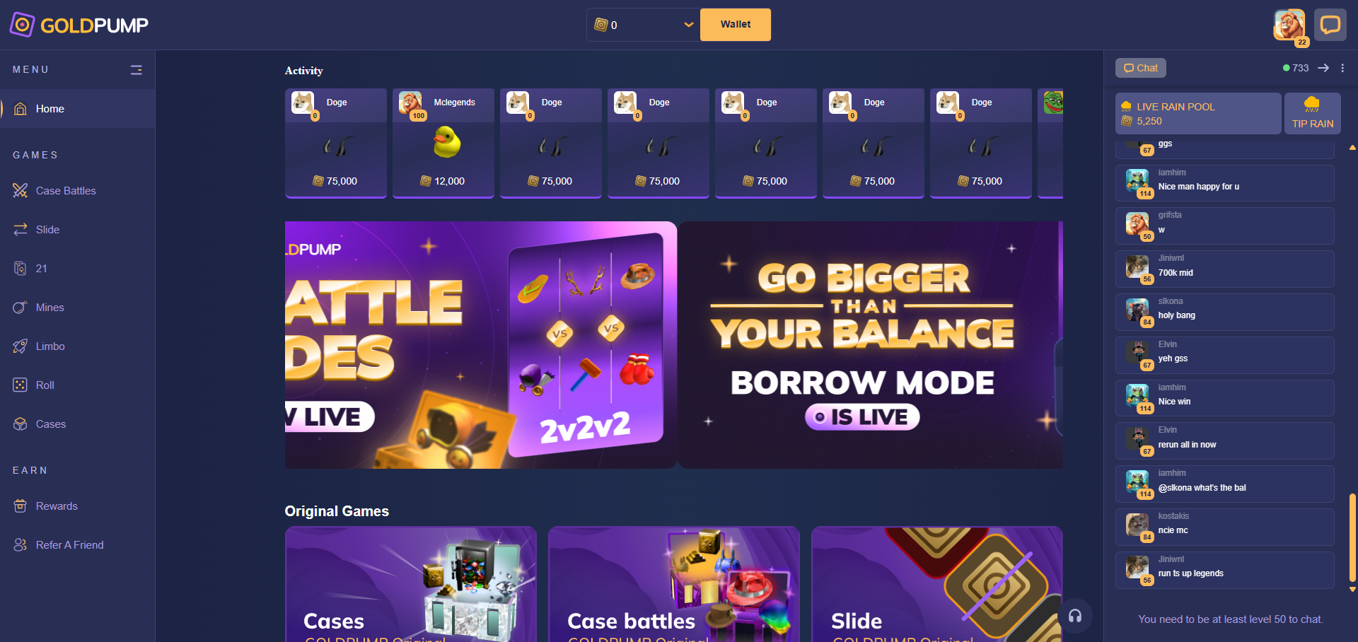 GoldPump homepage and game lobby