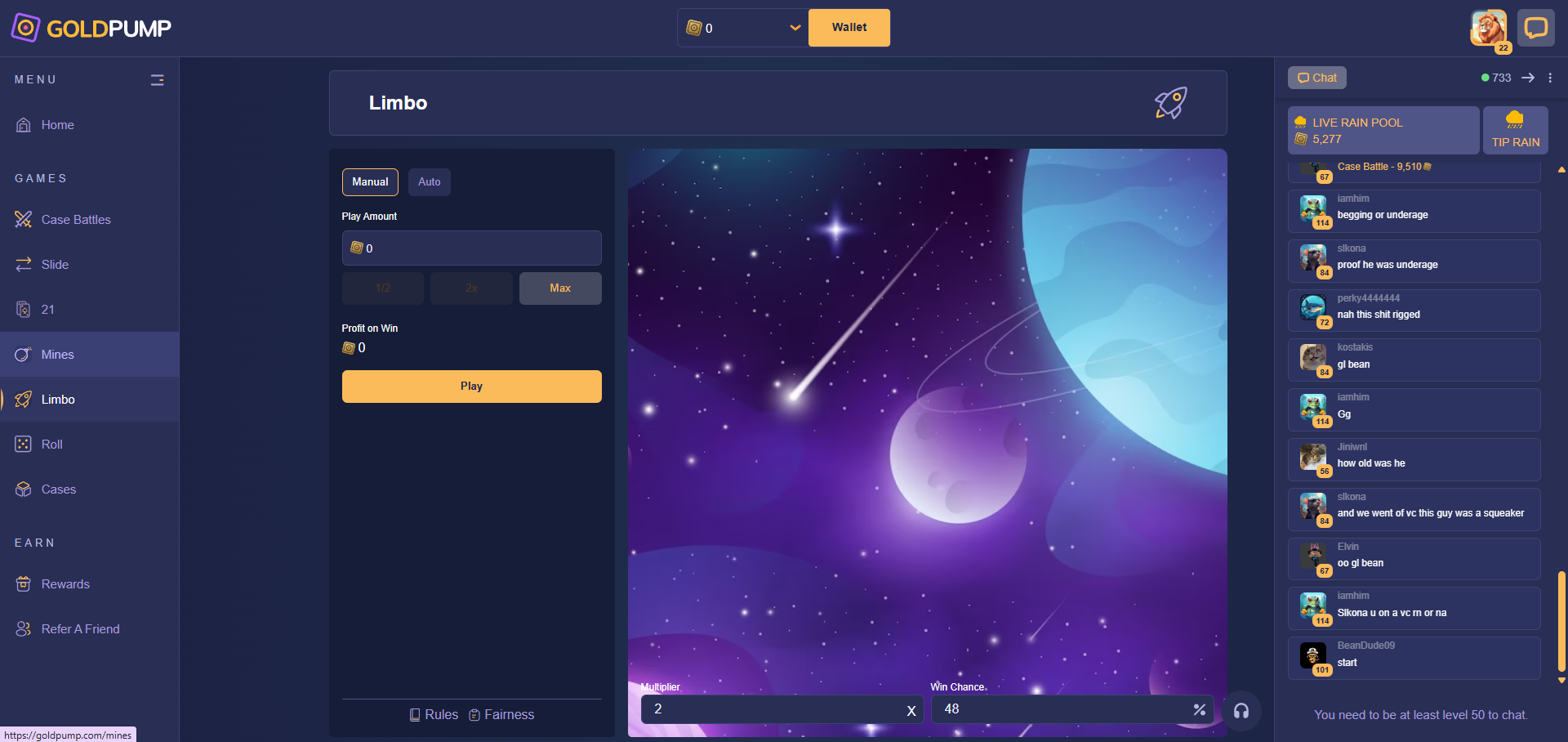 GoldPump Limbo game interface