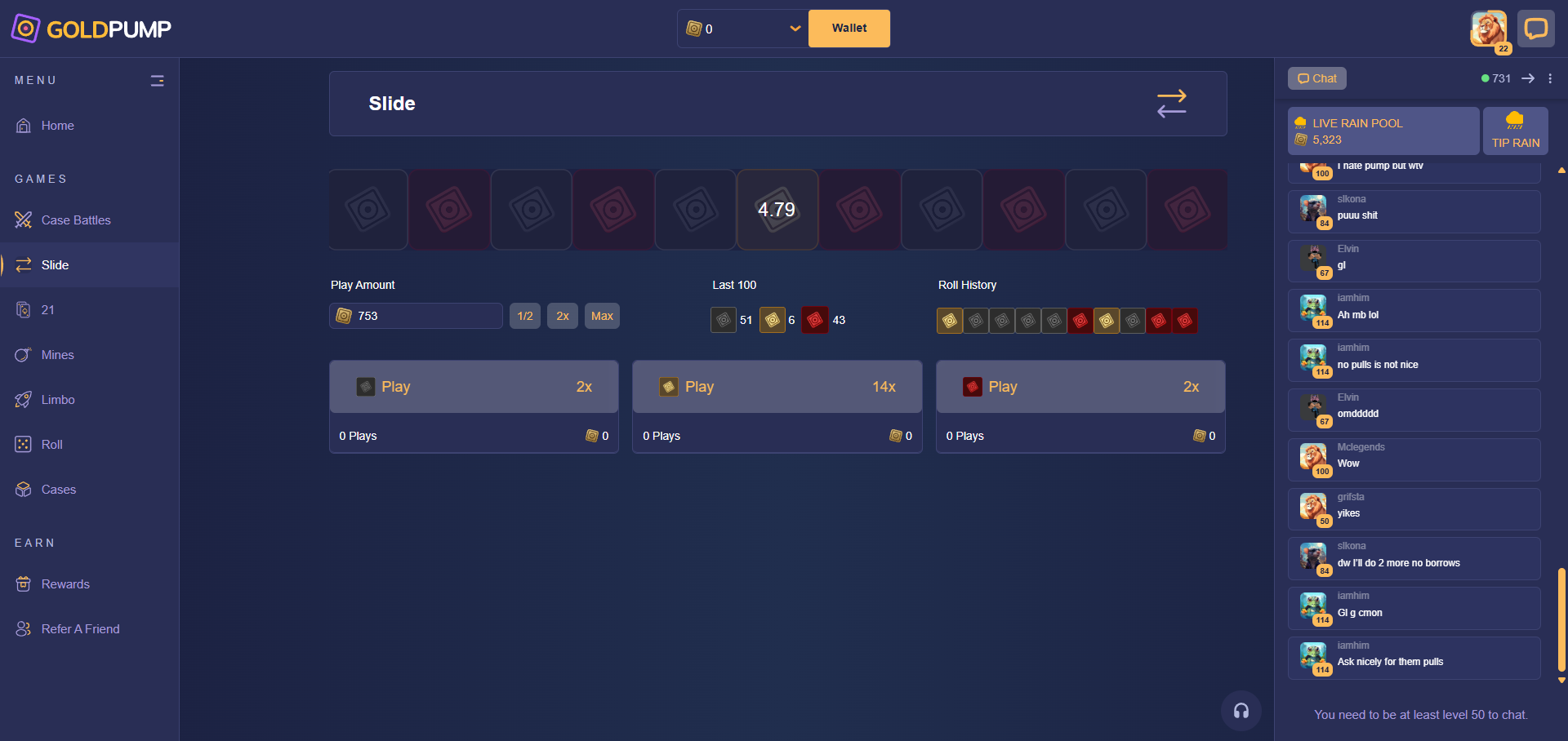 Goldpump roulette interface showing recent outcomes and three color-based betting options