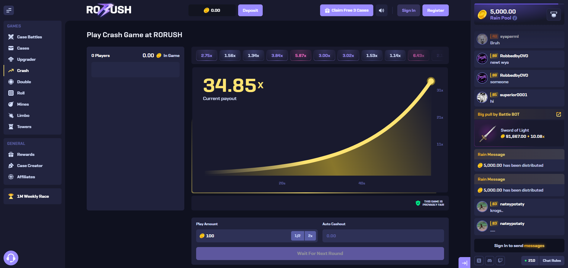 RoRush crash interface showing the rising multiplier graph and cash-out controls