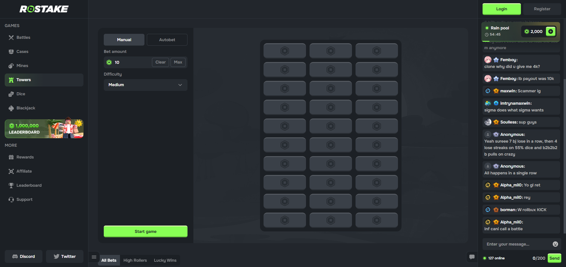 RoStake towers interface showing the difficulty controls and rows of unopened tiles
